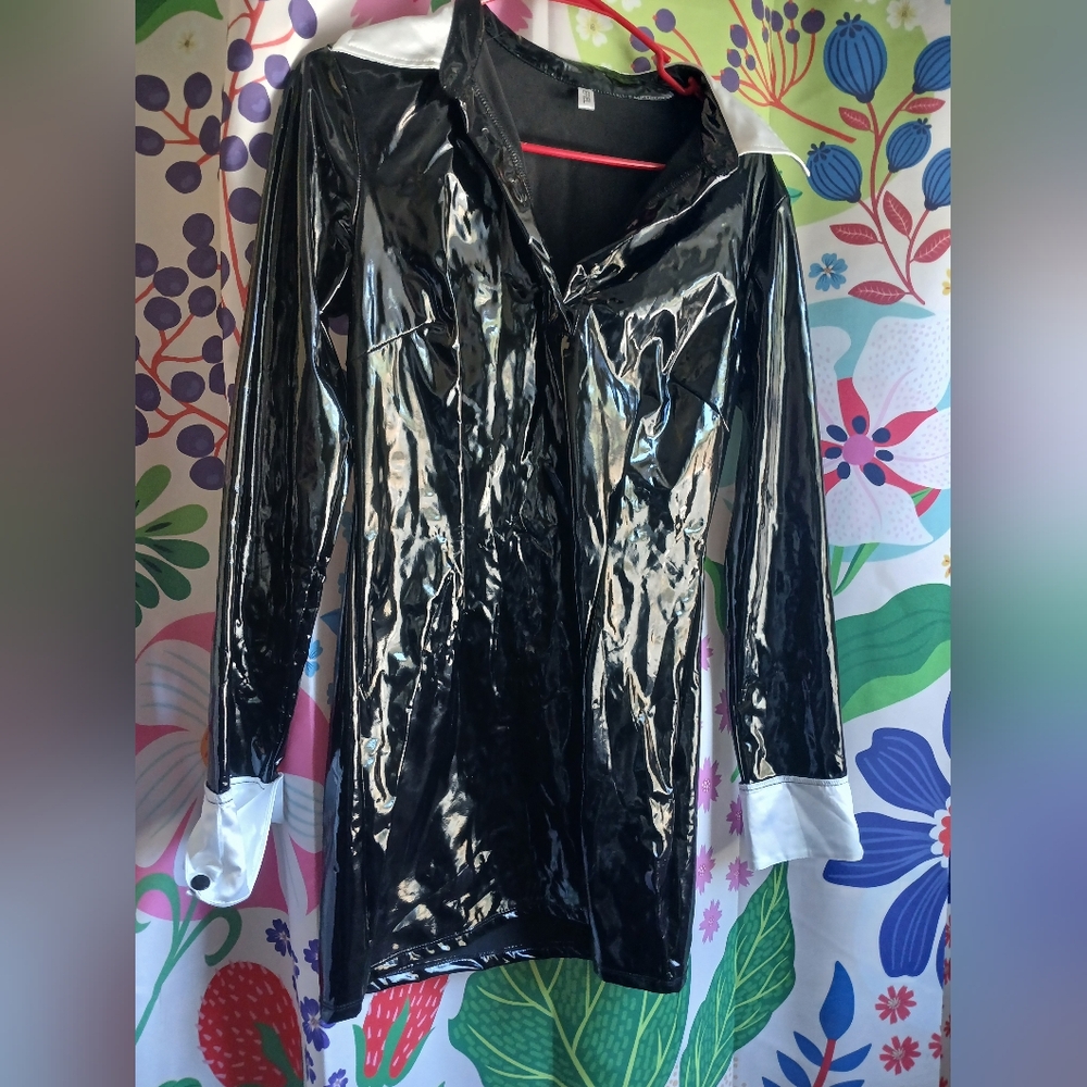 Black Shiny Latex Feel Goth Long Sleeve Dress